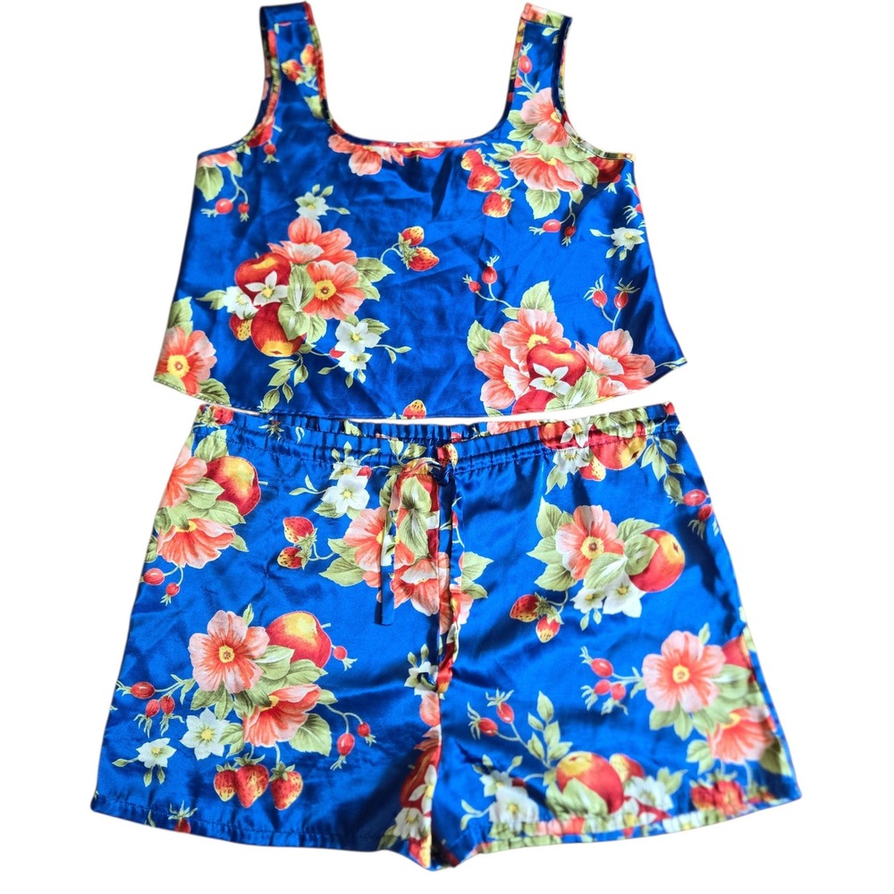 VTG 90s Victorias Secret Satin Pajama Set Blue Orange Floral Fruit Strawberry XS